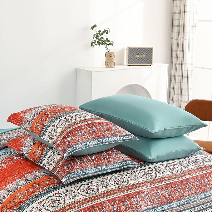 Cottolester Boho Full Comforter Set 8 Pieces, Terracotta Comforter Bohemian Striped Bed in A Bag,Soft Microfiber Bedding Set for All Seasons