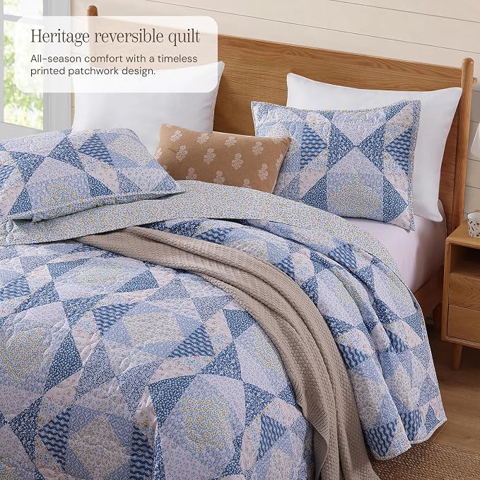 Twin/Twin XL Quilt Set-2 Pieces Soft Bedding Floral Patchwork Coverlet | All Seasons Lightweight Quilts Queen Size, 1 Quilt (66" x 92") and 1 Sham (20" x 26"), Reversible Bedspread, Blue Marigold