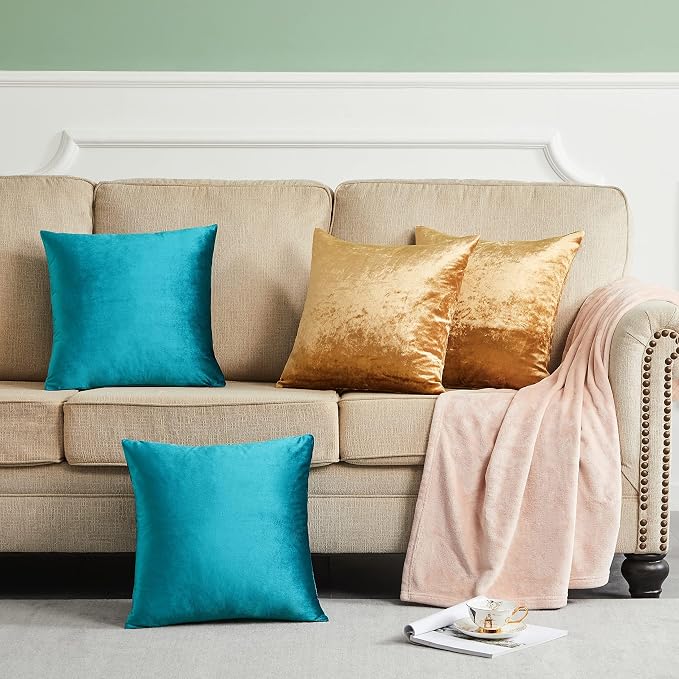 GIGIZAZA Pack of 4 Decorative Velvet Pillow Covers 20x20 Teal Gold | Throw Pillows for Couch Sofa,280gsm Soft Textured Fabric,Modern Accent Pillowcases,Luxury Living Room Cushion Covers