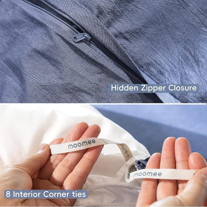 MooMee Duvet Cover Set 100% Washed Cotton Linen Like Full | Relaxed Linen-like Texture. Soft, Breathable & Long-lasting Comfort. Lightweight. Hidden Zipper with 8 Interior Corner Ties