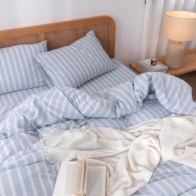 BESTOUCH Striped Cotton Duvet Cover Set Linen Feel Oversized Queen | 100% Washed Cotton, Soft Wrinkle Texture, Hidden Zipper, 8 Ties, Breathable Lightweight Durable Comfy, 3 Pcs No Insert