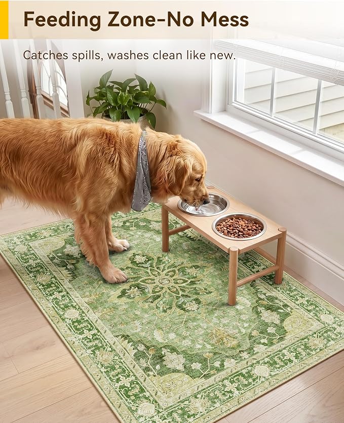 RELEANY Washable Area Rug, Small 2'x3', Green/Yellow | Non-Slip, Water Repellent, Pet Friendly, Easy to Clean, Vintage Floral Boho Decor for Kitchen Entryway Bathroom