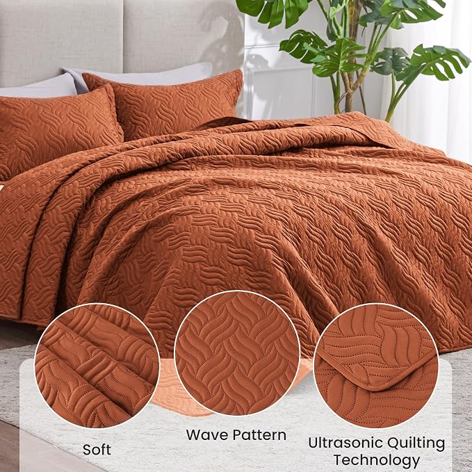 Love's cabin Quilts for Full Bed Umber Bedspreads Bedding Set - Lightweight Bedspread Comforter - Wave Pattern Bedding Coverlet for All Season - 3 Pieces (1 Quilt, 2 Pillow Shams)