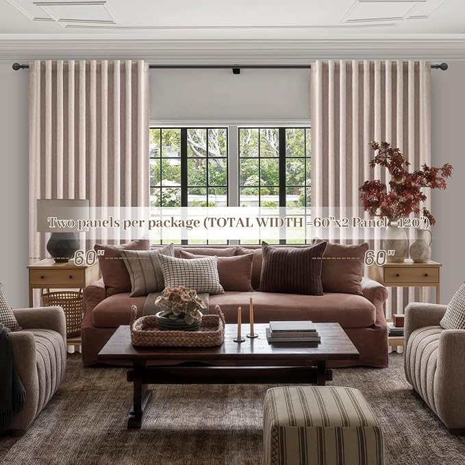 Extra Wide 60 Inch Blackout Curtains 96 Inches Long for Living Room, Rustic Boho Room Darkening Textured Linen Pleated Office Insulated Ceiling Track Large Window Drapes (60"W x 96"L 2 Panels Linen)