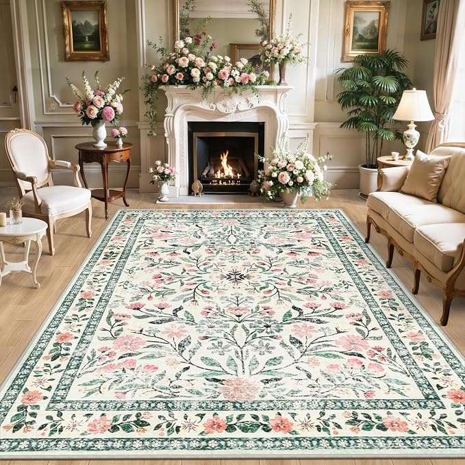 PLHXFR Area Rug 9x12 Living Room: Floral Washable Boho Carpet Green Beige | For Bedroom Dining Room Farmhouse Nursery Hallway,Vintage Floral,Machine washable,Non Slip,Stain Resistant,Large Indoor