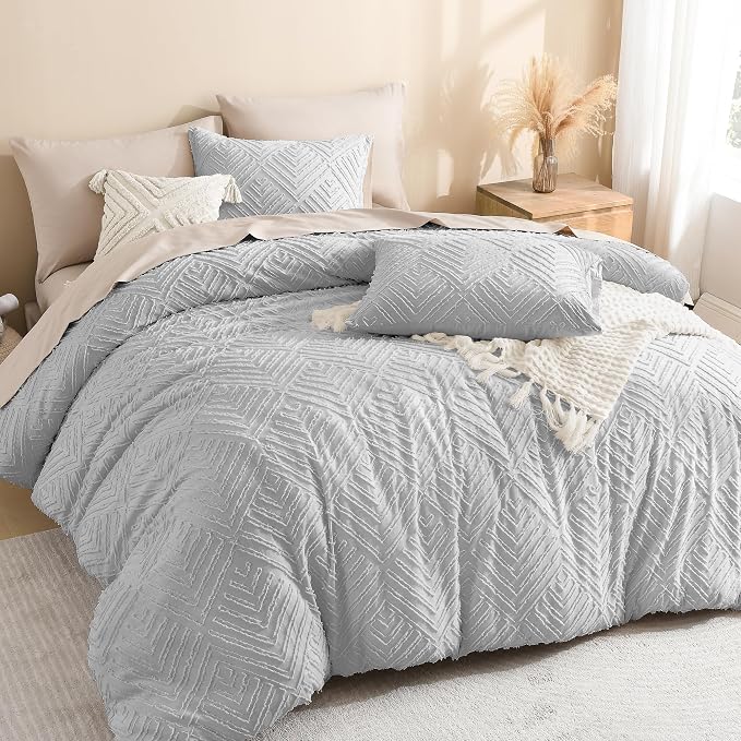 Litanika Oversized King Comforter Set, 3 Pcs Tufted Boho Bedding Set | Light Grey Farmhouse Shabby Chic Vintage Bohemian Textured Aesthetic Soft Fluffy Lightweight Breathable All Season Bed Set