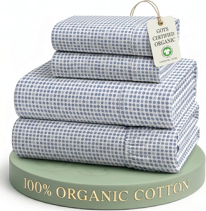 LANE LINEN King Sheet Set 100% Organic Cotton Soft 4pc Percale - Polka Dot | King Sheet Set, GOTS Certified Organic Cotton Percale - Best-Value Organic Cotton, Affordable Organic Luxury