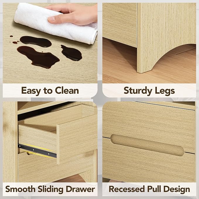 Decofy Nightstand Set of 2 with Charging Station & 2 Drawers, Light Oak | Mid Century Modern Curved Nightstands with Built-in Charging Station, Storage Space and 2 Hidden Handle Drawers