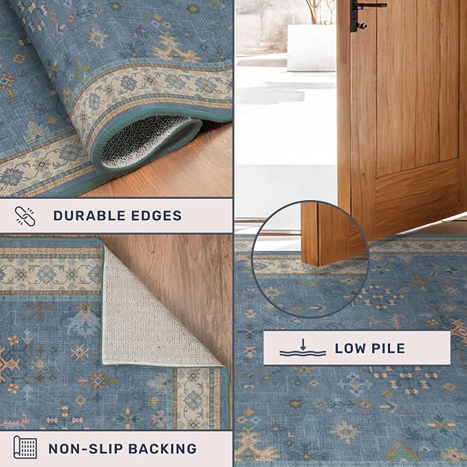 Vintage 3x12 Long Hallway Runner Rug - Blue Boho 3x12 Kitchen Floor Mat, Washable Low Pile Thin Carpet for Bedroom Bedside, Modern Eclectic Boho Design Décor