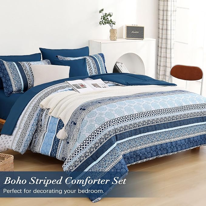 Boho Comforter Set King Size,8 Pieces Navy Blue Bohemian Striped Bed in a Bag,Paisley Soft Microfiber Bedding Comforter Set