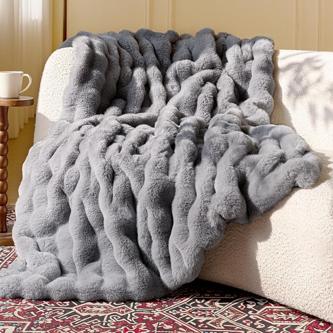 Ultra Soft Cozy Faux Fur Throw Blanket, Fuzzy Plush Thick Bubble Blanket, Oversize Luxury Fluffy Blanket for Couch, Bed, and Living Room, 50x60 Inches, Light Grey