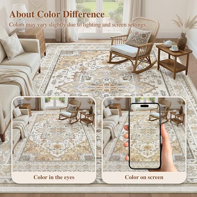 UERMEI 10x14 Area Rug for Living Room - Washable Vintage Carpet, Non-Slip Soft Large Indoor Floor Rugs for Bedroom Home Office & Under Dining Table Decor, Brown Beige