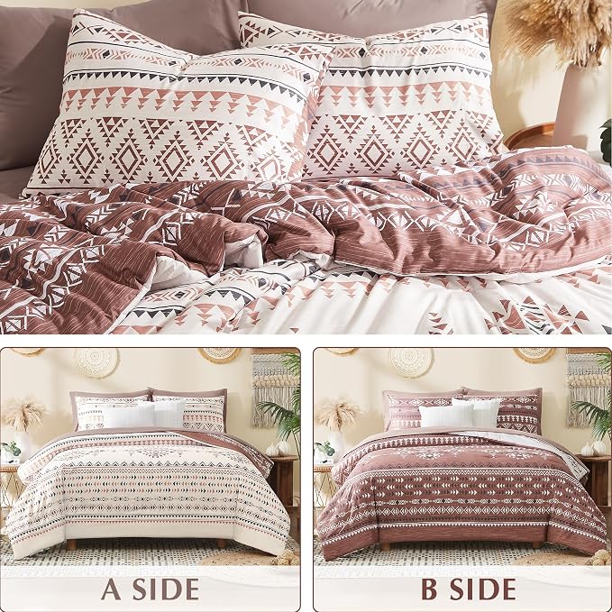 King Size Comforter Set - 7 Pieces Western Bedding Reversible Bed in a Bag | Boho Bedding, All Season Aztec Bed Set with Comforter, Sheets, Pillowcases & Shams, Burgundy