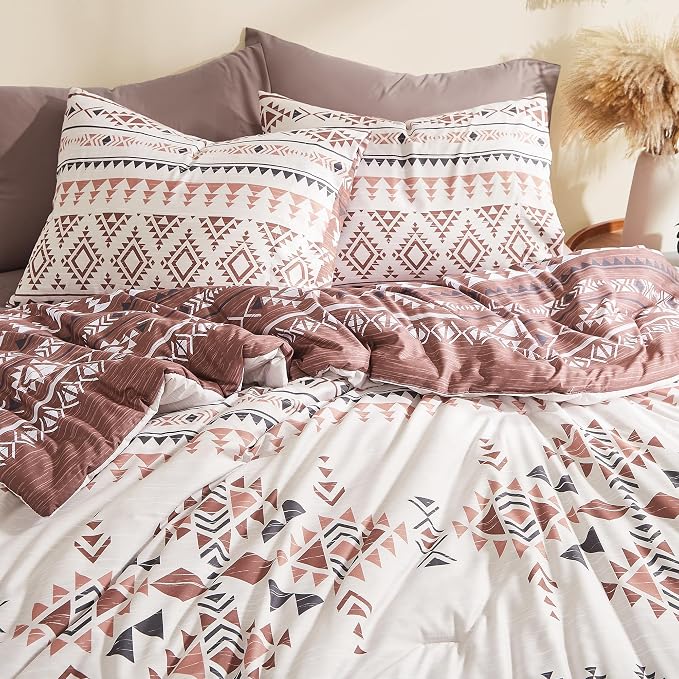 King Size Comforter Set - 7 Pieces Western Bedding Reversible Bed in a Bag | Boho Bedding, All Season Aztec Bed Set with Comforter, Sheets, Pillowcases & Shams, Burgundy