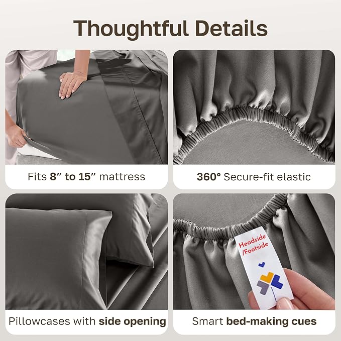California Design Den 100% Cotton Sateen Split King Bed Sheet Set, 5 Pcs | 500 Thread Count with Good Housekeeping Seal, Split King Sheets Sets for Adj. Bed with 2 Sep. Twin-XL Mattresses - Dark Grey