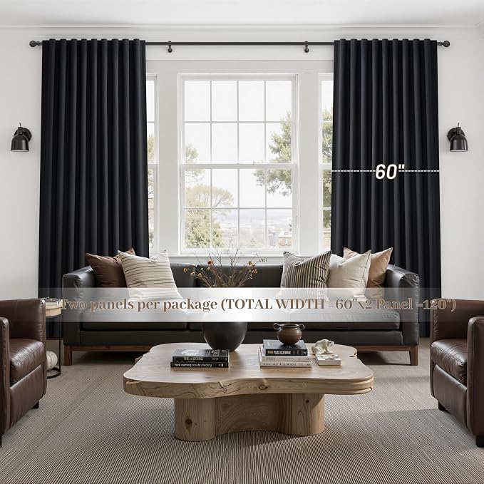 Black Out Curtains 60 Inches Extra Wide Luxury Linen Curtains 84 Inch Length for Living Room, Pleated Farmhouse Bedroom Thermal Heavy Drapes for Winter Thick Large Window 60"W x 84"L 2 Panels