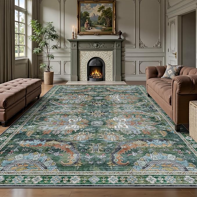 Washable Rug 6x9, Vintage Retro Soft Area Rug, Non-Slip Low Pile Rugs for Living Room, Bedroom, Dining Room, Stain Resistant Home Decor Rug (Green)