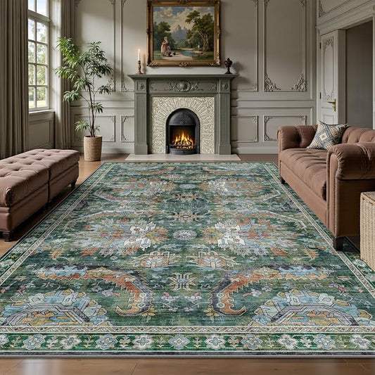 5x7 Area Rugs, Vintage Retro Soft Washable Rug, Non-Slip Low Pile Rugs for Living Room, Bedroom, Dining Room, Stain Resistant Home Decor Rug (Green)