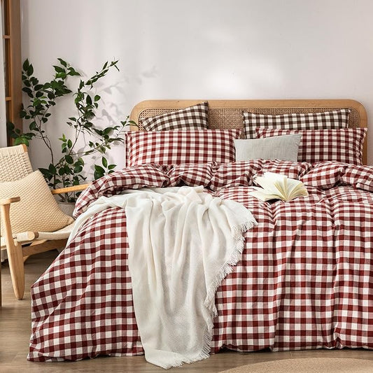 BESTOUCH Gingham Cotton Duvet Cover Set Fired Brick Red Queen | Washed Cotton, Linen Feel, Soft Wrinkle Texture, Hidden Zipper, 8 Ties, Breathable Lightweight Durable Comfy, 3 Pcs No Insert