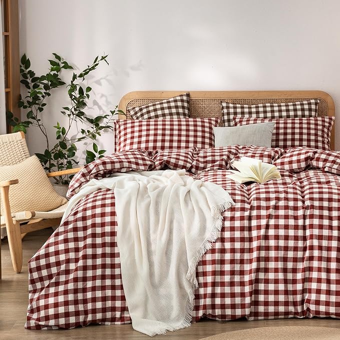BESTOUCH Gingham Cotton Duvet Cover Set Fired Brick Red Full | Washed Cotton, Linen Feel, Soft Wrinkle Texture, Hidden Zipper, 8 Ties, Breathable Lightweight Durable Comfy, 3 Pcs No Insert