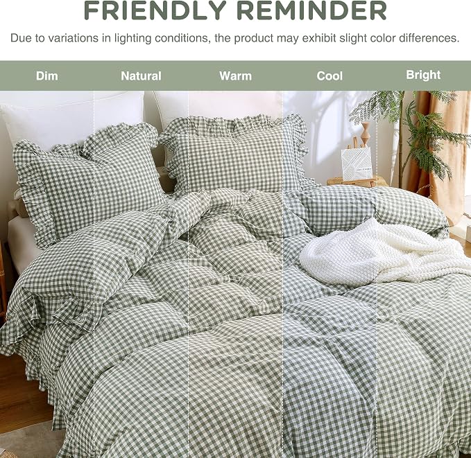 ATsense Green Gingham Ruffle Duvet Cover Set Cotton Like Linen, Queen | 100% Washed Cotton Linen-Like Feel Soft, Breathable & Comfy. Farmhouse Bedding Set with Zipper & 8 Ties. 3 Pcs, No Insert