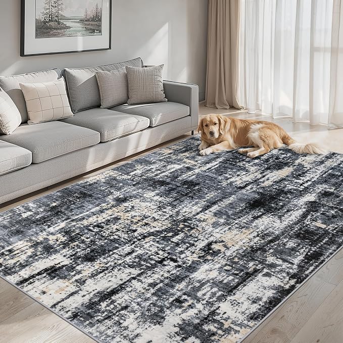 PLHXFR Area Rug Living Room: 5x7 Abstract Washable Carpet Black Gold | For Bedroom Dining Room Farmhouse Nursery Home,Machine washable,Non Slip,Large Soft Neutral,Stain Resistant, Indoor Floor