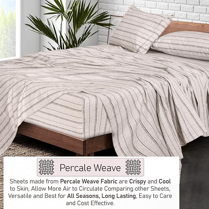 RUVANTI 100% Cotton Percale Sheets, Full Size, Brown Stripes | Crisp Cooling, Deep Pocket 16", Soft Breathable & Durable, Hotel-Style, 4 Piece Set