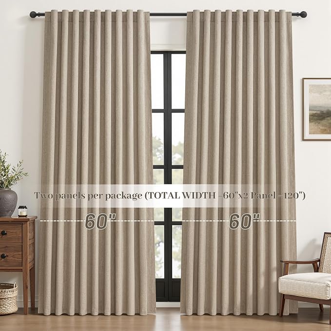 Extra Wide 60 Inch Blackout Curtains 96 Inches Long for Living Room, Rustic Boho Room Darkening Textured Linen Pleated Insulated Ceiling Track Large Window Drapes (60"W x 96"L 2 Panels Grey Beige)