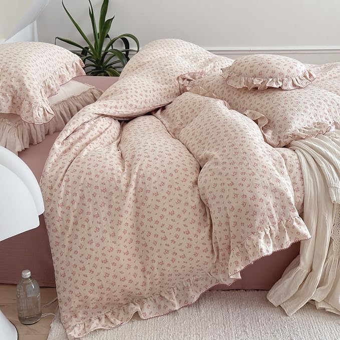Pink Floral Duvet Cover Full Bedding Duvet Covers for Girls Kids Teens Soft Breathable Cotton Comforter Cover 79"x90" Shabby Chic Ruffles Quilt Cover, No Duvet/Comforter