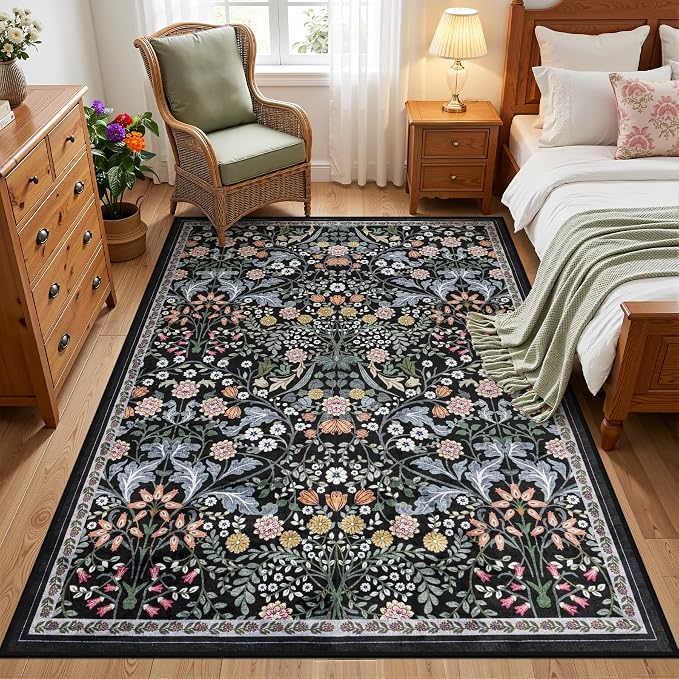 PLHXFR Area Rug Living Room: 3x5 Floral Washable Boho Carpet Dark Black | For Bedroom Dining Room Farmhouse Nursery Hallway,Vintage Floral,Machine washable,Non Slip,Stain Resistant,Large Indoor