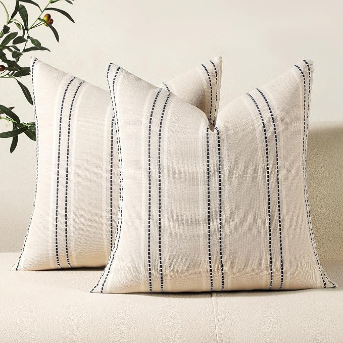 Hckot Navy Blue Striped Throw Pillow Covers 16x16 Outdoor Pillow Covers | Set of 2 Textured Linen Decorative Pillows Square Cushion Covers for Sofa Couch Bed Living Room Farmhouse Decor