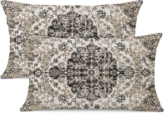 Waterproof Throw Pillow Covers 12X20 Inch Set of 2 Bohemian Vintage Carpet Pattern Black Grey Ethnic Design Decorative Farmhouse for Couch Garden Balcony (Boho-5-3)