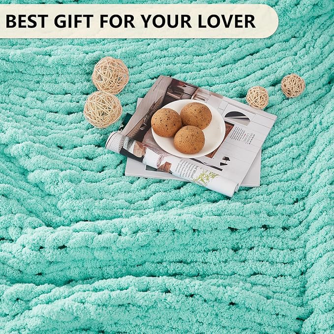 L'AGRATY Chunky Knit Throw Blanket for Couch, 60 x 80 Inches, Lake Blue | Handmade Chenille Crochet Blanket for Sofa Bed, Thick Cable Knitted Blankets for Room Home Decor, Birthday Gift for Women Mom