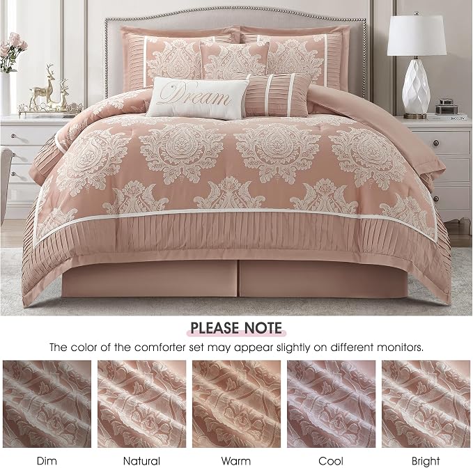 Blush California King Comforter Set 7 Pieces, Jacquard Woven with Damask, Bedding Set in a Bag Includes Comforter, Bed Skirt, Pillow Shams, and Decorative Pillows