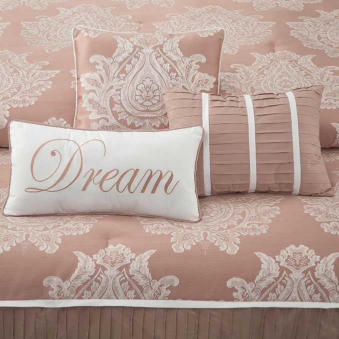 Blush California King Comforter Set 7 Pieces, Jacquard Woven with Damask, Bedding Set in a Bag Includes Comforter, Bed Skirt, Pillow Shams, and Decorative Pillows