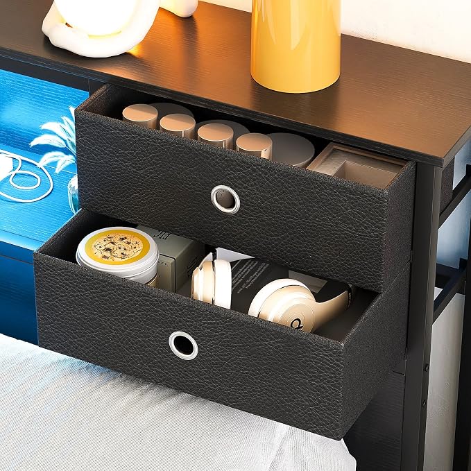 GiftGo Queen Size Headboard with 4 Fabric Storage Drawers Charging Station LED Light Adjustable Height Storage Rack Sturdy and Stable Metal Frame & Wood Shelf (Black, Queen (U.S. Standard))
