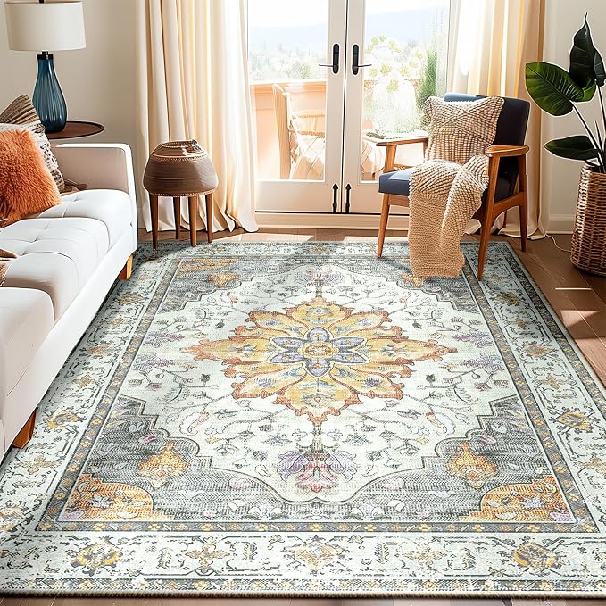 RELEANY Washable Area Rug, 6'x9', Beige/Carbon Grey/Orange | Non-Slip, Water Repellent, Pet Friendly, Easy to Clean, Vintage Floral Boho Decor for Living Room Bedroom Dining Room Office