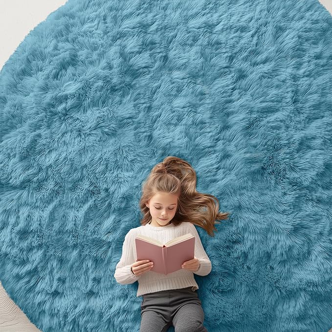 OLANLY Slate Blue Round Rugs for Bedroom - Machine Washable, 9 ft Circle Area Rugs for Living Room, Soft and Fluffy Shaggy Carpet for Teen Girl and Boys, Nursery Rooms, Dorms, Home Decor Aesthetic