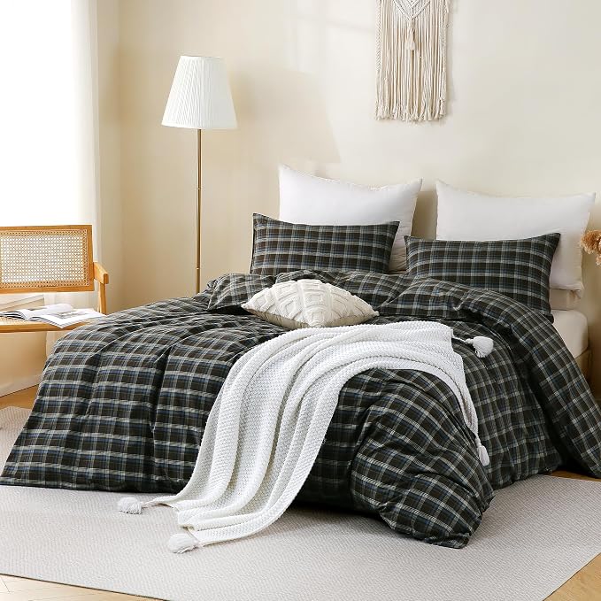 TOCOMOA Buffalo Plaid Duvet Cover Set 100% Washed Cotton Like Linen, Queen | Linen-Like Feel Soft, Breathable & Comfy for All Season. Brown Blue Bedding Set with Zipper & 8 Ties. 3 Pcs, No Insert