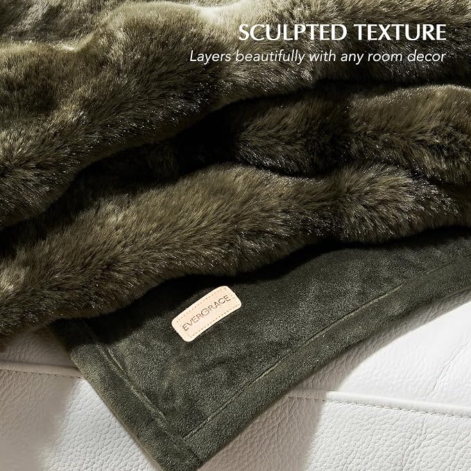 EverGrace Faux Rabbit Fur Bubble Throw Blanket, 60"x80", Marble Olive | Ultra Soft, Luxury Faux Rabbit Fur Throw, Thick Warm Bubble Blanket, Cozy Fluffy Reversible, for Bed, Couch, Chair, Sofa