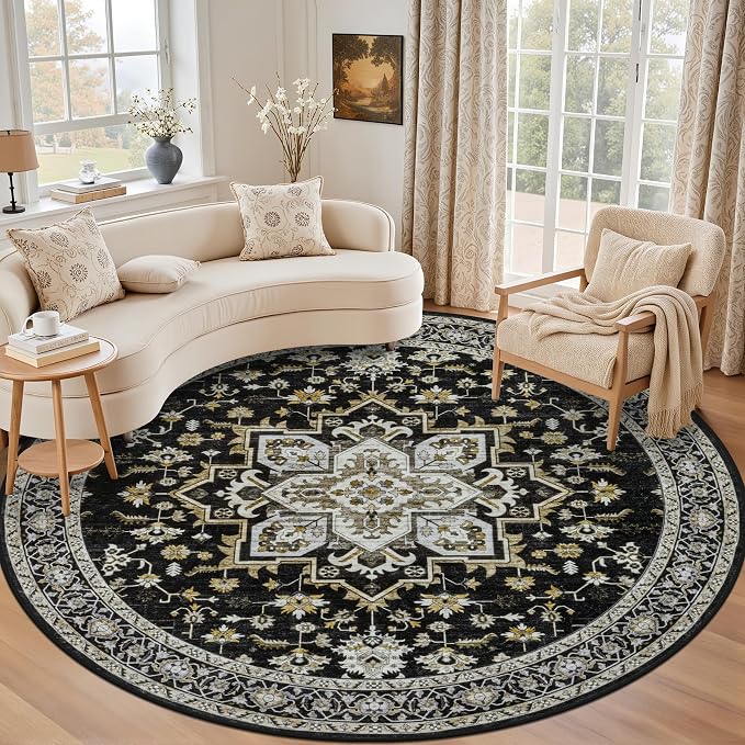 Round Area Rug for Living Room: 6ft Boho Washable Rug Black Gold | Vintage Boho Soft Round Rug Indoor Floor No Slip Carpet Stain Resistant Rugs for Bedroom Dining Room Nursery Home Office