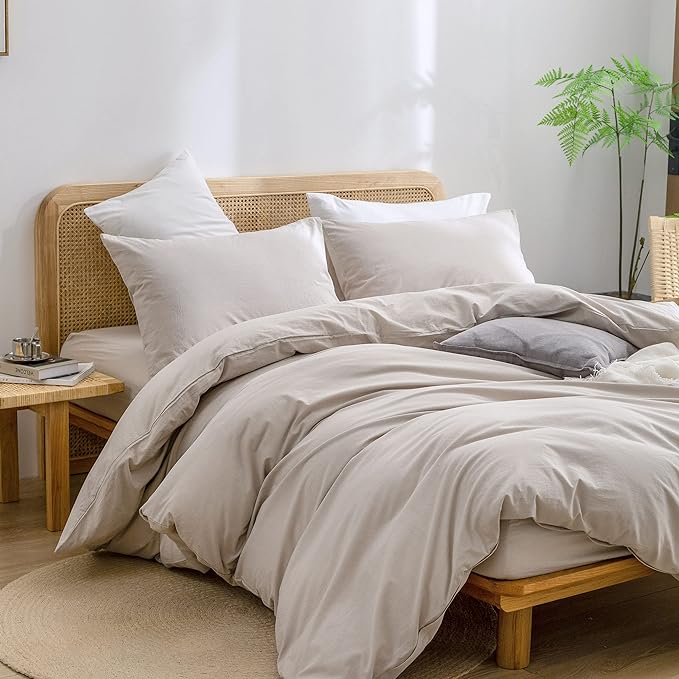 BESTOUCH Cotton Solid Duvet Cover Set Linen Feel Linen Grey Queen | 100% Washed Cotton, Soft Wrinkle Texture, Hidden Zipper, 8 Ties, Breathable Lightweight Durable Comfy, 3 Pcs No Insert