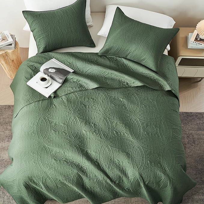 akkialla Queen Quilt Bedding Set,Olive Green Ultrasonic Full/Queen Quilt Set,Lightweight Soft Bedspread Coverlet,Modern Style Coin Pattern Bed Cover for All Seasons,3 Piece(1 Quilt,2 Pillow Shams)
