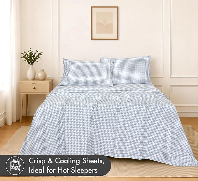 RUVANTI 100% Cotton Percale Sheets Full Size, Houndstooth | Crisp Cooling, Deep Pocket 16", Soft Breathable & Durable, Hotel-Style, 4 Piece Set