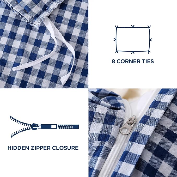 ATsense Navy Blue Gingham Ruffle Duvet Cover Set Cotton Like Linen, Queen | 100% Washed Cotton Linen-Like Feel Soft, Breathable & Comfy. Farmhouse Bedding Set with Zipper & 8 Ties. 3 Pcs, No Insert
