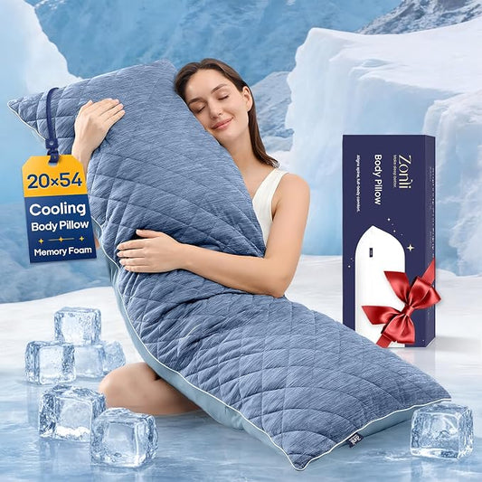 ZonLi Cooling Body Pillow for Adults Side Sleeper & Pregnancy - Memory Foam Insert Long Body Pillow 20 x 54 Inch with Washable Pillowcase, Gift for Men Women Light Blue