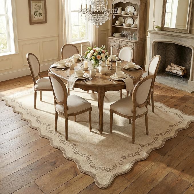GarveeHome 5x7 Scalloped Area Rug Jute Washable Bedroom Living Room Rug | Soft Tan Neutral Floral Low Pile Non Slip Accent Floor Mat Solid Print Throw Rug Indoor Carpet for Dining Room Dorm Playroom