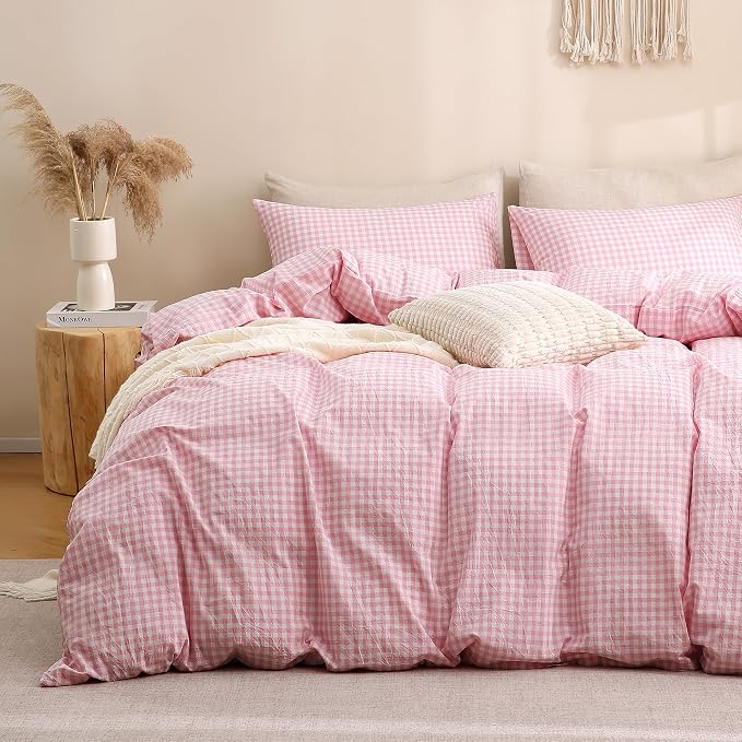 TOCOMOA Pink Gingham Duvet Cover Bedding Set Washed Cotton Like Linen Queen | 100% Washed Cotton Linen-Like Feel Soft, Breathable & Comfy. Lightweight Bedding Set with Zipper & 8 Ties. 3 Pcs, No Insert