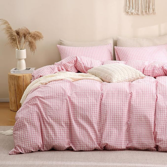 TOCOMOA Pink Gingham Duvet Cover Bedding Set Washed Cotton Like Linen, Twin | 100% Washed Cotton Linen-Like Feel Soft, Breathable & Comfy. Lightweight Bedding Set with Zipper & 8 Ties. 2 Pcs, No Insert