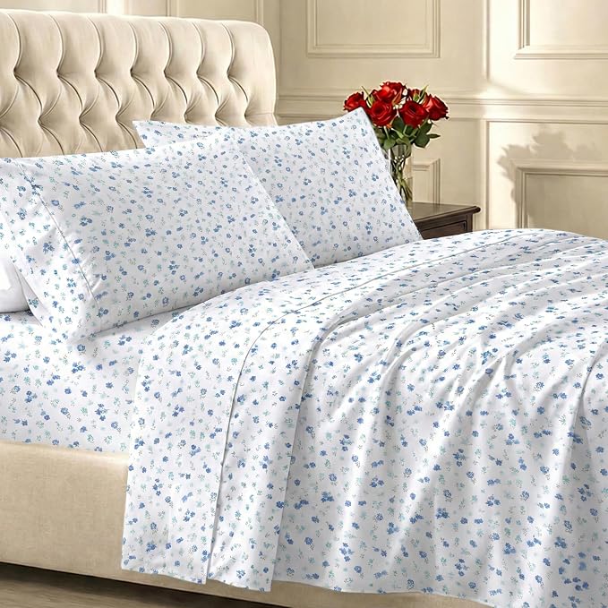 California Design Den 100% Cotton Sateen 3 Pc Dorm Sheets Twin XL Set | 400 Thread Count Backed by Good Housekeeping Seal, All-Around Elastic, Durable, Easy Care - Floral White/Blues Print